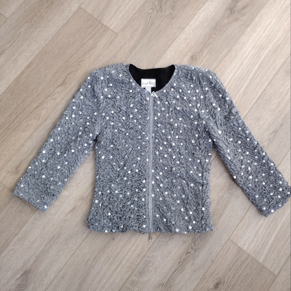 SUPER CLEAN Joseph Ribkoff Silver Sequin Metallic Zip Front Jacket Size 6